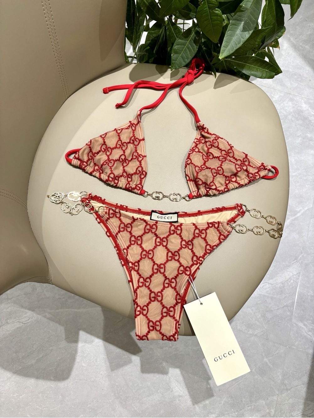 Gucci Beige and Red GG Logo Triangle Bikini Set - Picture 6 of 9